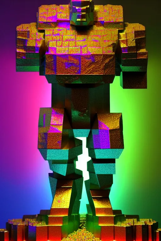 Image similar to concept art of fractal colorful bismuth metal giant golem : : shiny rainbow bismuth fractalization patterns : : extremely high details, masterpiece, photorealistic, hyperrealism, vray, octane render, volumetric lighting, depth of field, bokeh, artstation, cgsociety by elyse graham, johannen voss, greg broadmore