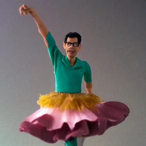 Prompt: clay model of jeff goldblum in a tutu,