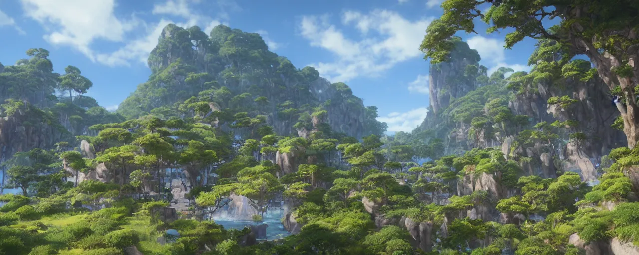 Prompt: detailed render of a fantasy world by Hayao miyazaki, blue sky、village, unreal engine