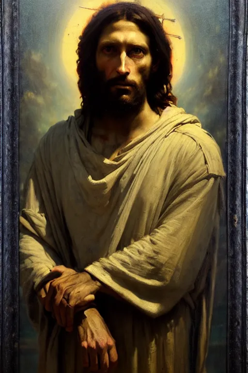 Image similar to photograph imax and solomon joseph solomon and richard schmid and jeremy lipking victorian loose genre loose painting full length portrait painting of jesus