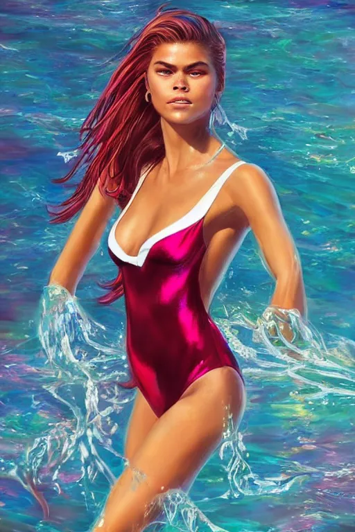 Image similar to beautiful elegant full body portrait of lexi rivera with color streaks in hair and wearing a sparkling cherry color one piece swimsuit and iridescent white silk cape, nina agdal, wlop, artgerm, artstation, backlit, water, reflective