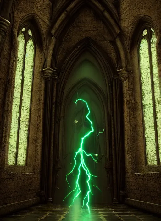 Prompt: character and environment design, biomechanical arcanist in church on castle hallway, tattered robe and hood, green lightning, fog, scary, arrogant, hostile, photorealistic, cinematic, hyper realistic, octane render, 8 k, wide angle