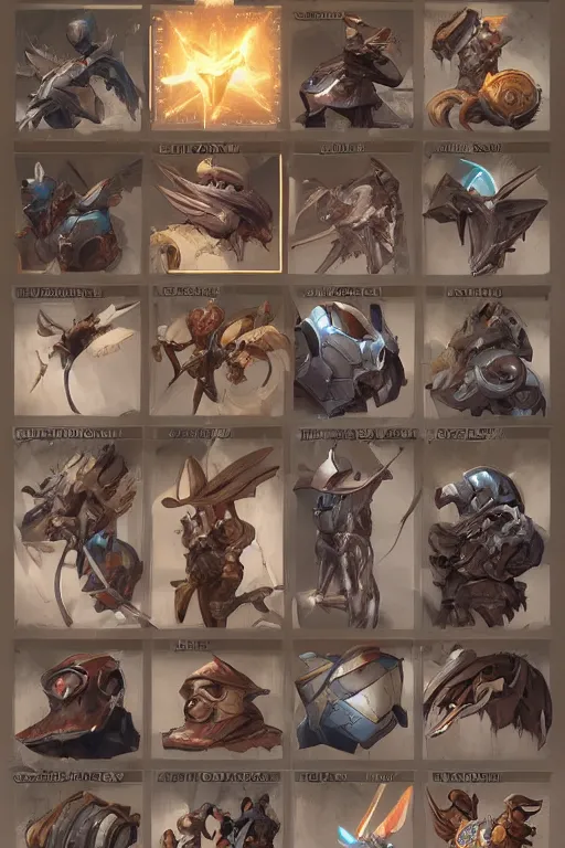 Image similar to item concept art grid of legendary loot headgear by artgerm and Craig Mullins, James Jean, Andrey Ryabovichev, Mark Simonetti and Peter Morbacher 16k