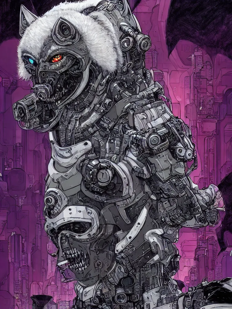 Image similar to portrait of a cybernetic werewolf warrior with white fur and silver fangs wearing black power armor, cyberpunk concept art by josan gonzales and moebius and enki bilal and and dan mumford and