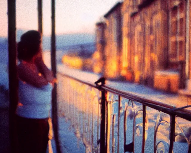 Image similar to lomo photo of pair standing on small hrushevka balcony full with cigarette smoke in small russian town looking at sunset, cinestill, bokeh