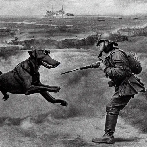 Image similar to clifford the big red dog invading at the battle of normandy, historical photo