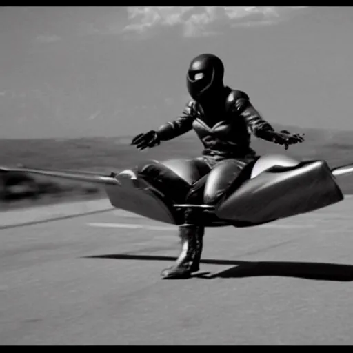 Prompt: jet-powered hoverbike, movie still, speed, cinematic Eastman 5384 film