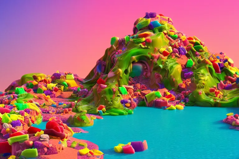 Image similar to desert oasis made of gummy candy, 8 5 mm bright - light photography, hyper detailed octane render, trending on art station