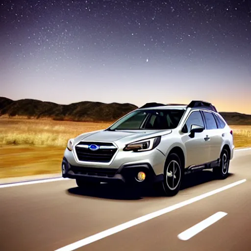 Image similar to official promo photo for the 2 0 5 2 subaru outback, driving down a kentucky highway at night, stars in the sky, 2 5 mm f / 1. 8 film grain