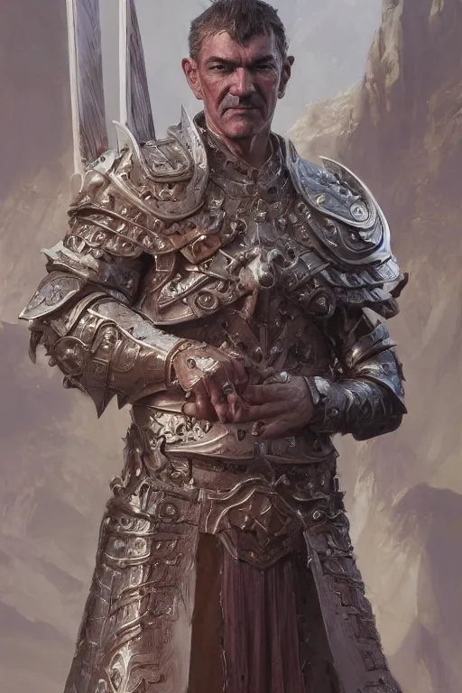 Image similar to portrait of antonio banderas as holy paladin, fantasy, d&d, intricate, highly detailed, smooth, artstation, digital illustration by Ruan Jia and Mandy Jurgens and Artgerm and Wayne Barlowe and Greg Rutkowski and Zdislav Beksinski