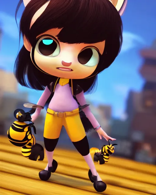 Prompt: female bumblebee mini cute style, highly detailed, rendered, ray - tracing, cgi animated, 3 d demo reel avatar, style of maple story and zootopia, maple story gun bumblebee girl, bee chibi, soft shade, soft lighting