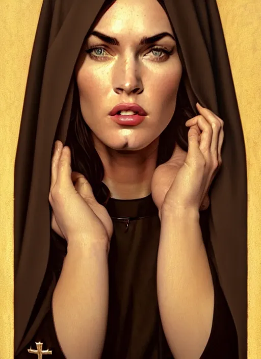 Image similar to portrait of megan fox as an overweight sultry nun, catholic, church, bible, christianism, praying, intrigante, headshot, highly detailed, digital painting, artstation, concept art, sharp focus, cinematic lighting, illustration, art by artgerm and greg rutkowski, alphonse mucha, cgsociety