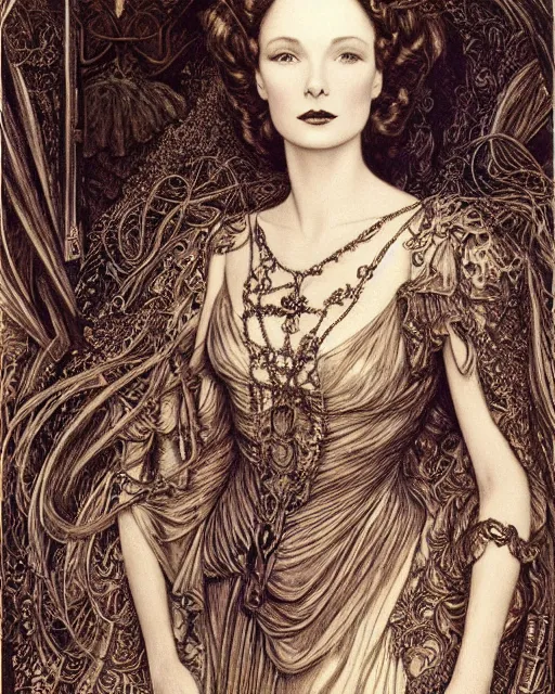 Image similar to matte portrait beautiful vivien leigh, steampunk gown, detailed and intricate by jean delville, gustave dore and marco mazzoni, colorful art nouveau, symbolist, visionary, gothic, pre - raphaelite