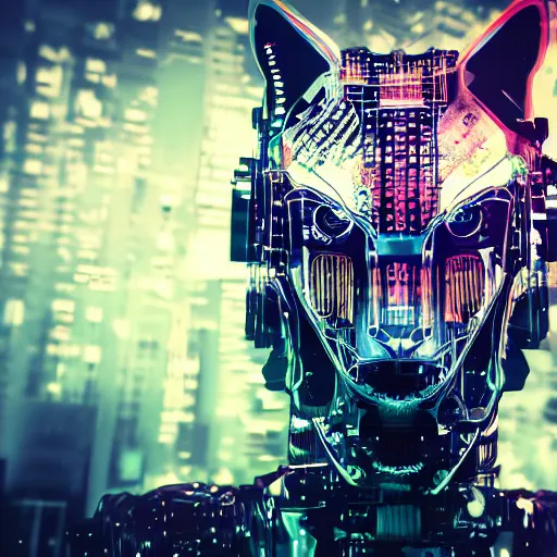 Image similar to portrait of half cybernetic wolf, l machine, animal, wires and translucent liquid, cyberpunk, robot wolf, mechanical parts, jewelry, editorial photography, neons, blade runner, futuristic style, realistic bokeh and depth of field, award winning, establishing shot