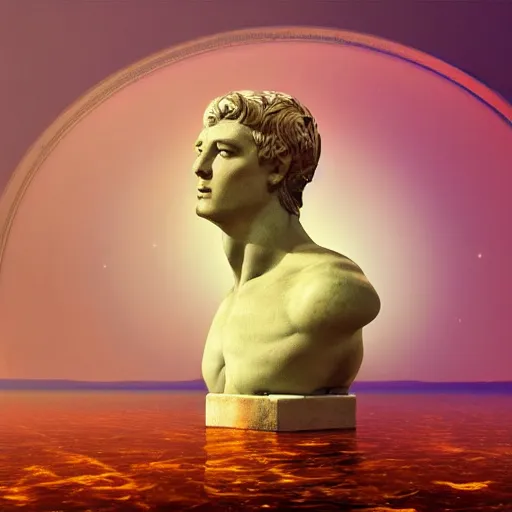 Image similar to 3 d sci - fi cgartist rendering of a hyper realistic marble greek statuary bust floating in space, at the vast pulsating interdimensional fractal space portal at the psychedelic vaporwave event horizon by chris moore, by edward hopper, by col price, trending on artstation