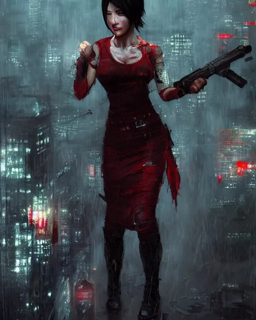 Image similar to battle hardened, sly, cunning, rugged ada wong, face centered portrait, red dinner dress, confident, ruined cityscape, zombies, fog, rain, volumetric lighting, soft light particles floating near her, illustration, perfectly shaded, soft painting, art by krenz cushart and wenjun lin