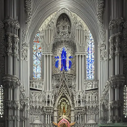 Image similar to a hyperrealistic 3 d render of a delicate ivory sculpture of an ornate detailed cathedral populated by mandelbrot fractals, micro detail, unreal engine, backlit lighting, octane renderer, catholicpunk, colorful, psychedelic, physically based rendering, carved soap, trending on cgsociety