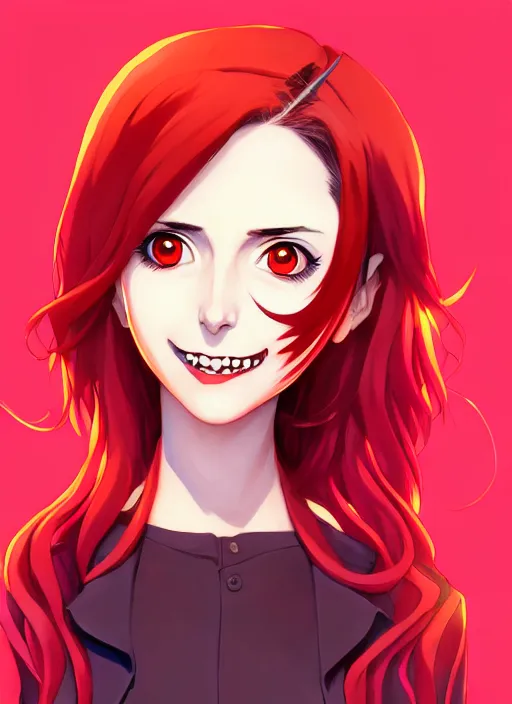 Image similar to beautiful anime vampire girl Alison Brie sharp teeth, red glowing hair, smiling, symmetrical face symmetrical eyes, blurry background, Jamie McKelvie comic art, Alexandra Fomina artstation, face by Ilya Kushinov style, style by Loish, Norman Rockwell, painterly style, flat illustration