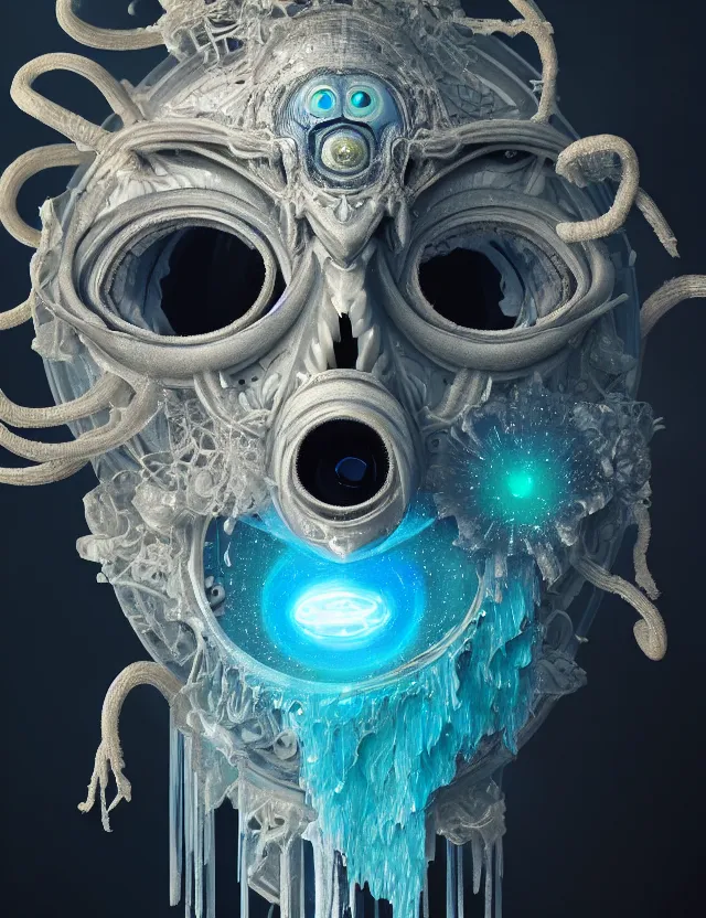 Image similar to eye of god macro close - up portrait with mask made of ram skull. betta fish, jellyfish phoenix, plasma, ice, water, wind, creature, super intricate ornaments artwork by tooth wu and wlop and beeple and greg rutkowski