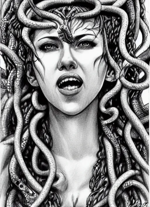 Image similar to pencil drawing of scarlett johansson as medusa wearing snakes in her head in the berserk manga, smiling expression showing fangs, big snakes heads, by kentaro miura