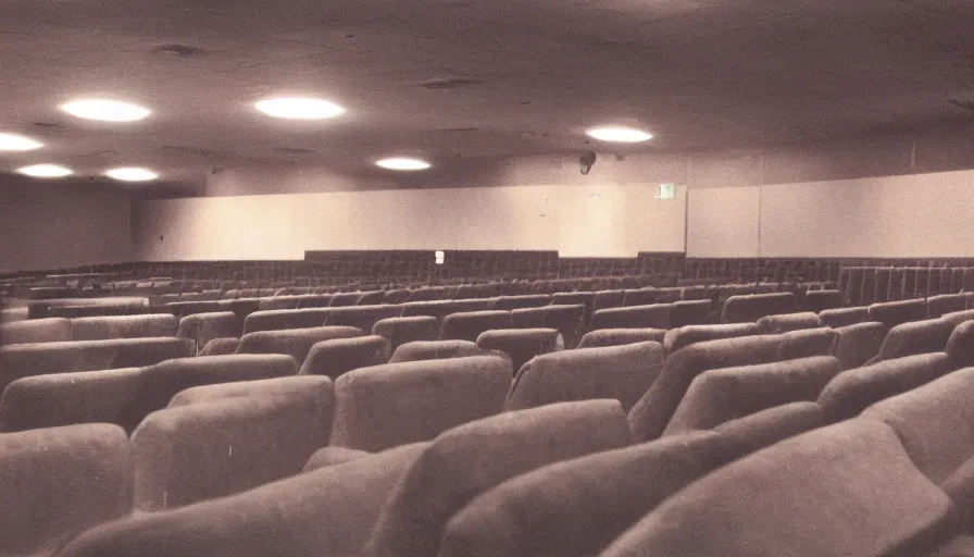 Prompt: 60s movie still of empty movie theater, cinestill 800t 50mm eastmancolor, liminal Space style, heavy grain-s 150