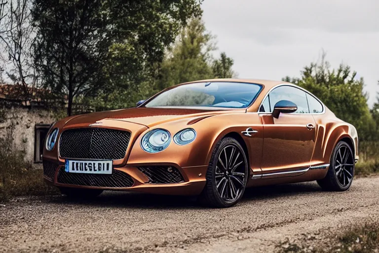 Prompt: modern rusty Bentley Continental GT without gloss drives along the road of an old Russian village with houses at the edges