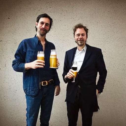 Image similar to Cedric Jubilar and Xavier dupont de ligones having a beer, award winning photography