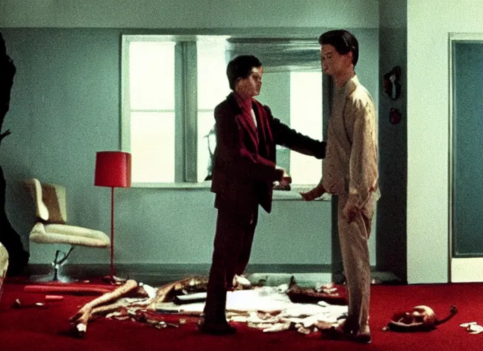 Image similar to Still frame the retro Twin Peaks, depicting the red room scene from Twin Peaks, a little man and a dead tree are in the room, directed by Nobuhiko Obayashi