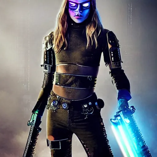 Prompt: full body photo of cara delevingne as a cyberpunk warrior with weapons