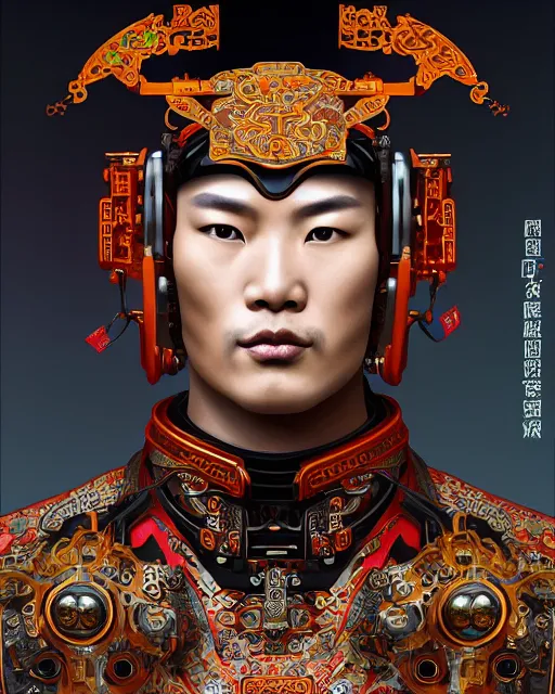 Image similar to portrait of a masculine male cyberpunk machine, machine face, upper half portrait, decorated with chinese opera motifs, asian, fine china, wuxia, traditional chinese art, intricate, elegant, highly detailed, symmetry, headpiece, digital painting, artstation concept art smooth sharp focus, illustration, art by artgerm and greg rutkowski alphonse mucha 8 k