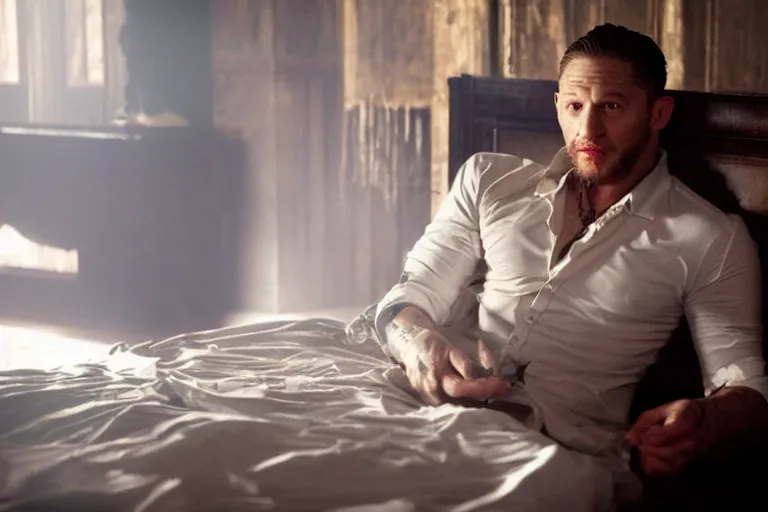 Image similar to film still of Tom Hardy as Max Payne in bedroom with a bed with bloody sheets in the Max Payne movie, 4k