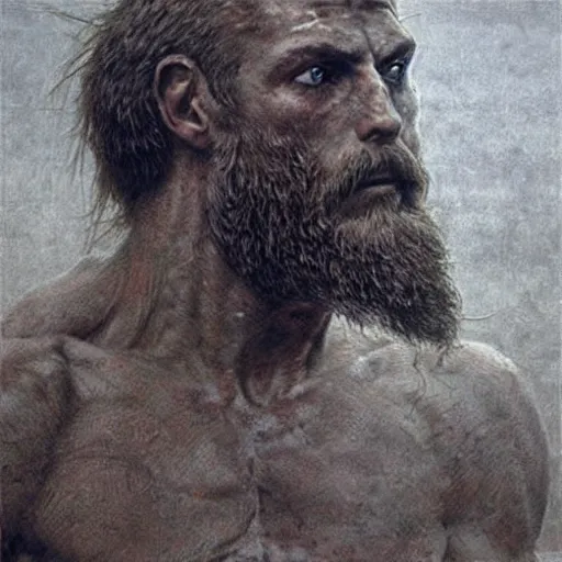 Image similar to zeus in thunder armor concept, bearded, muscular, beksinski