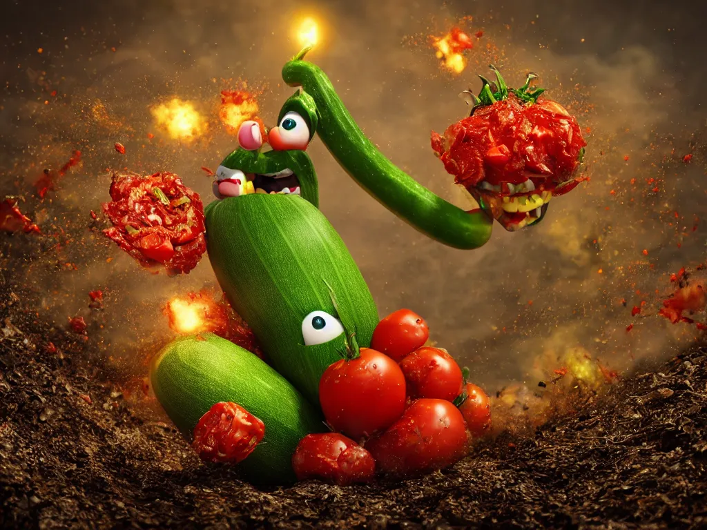 Image similar to highly detailed 3 d render of a raging zucchini character, burning scissors, running down a dirt road, scared tomates scattered everywhere, high speed action, explosions, dramatic scene, hyper realistic octane render, cinematic lighting, tomato splatter, deviantart, black sky, lowbrow, surrealism, frame from pixar movie