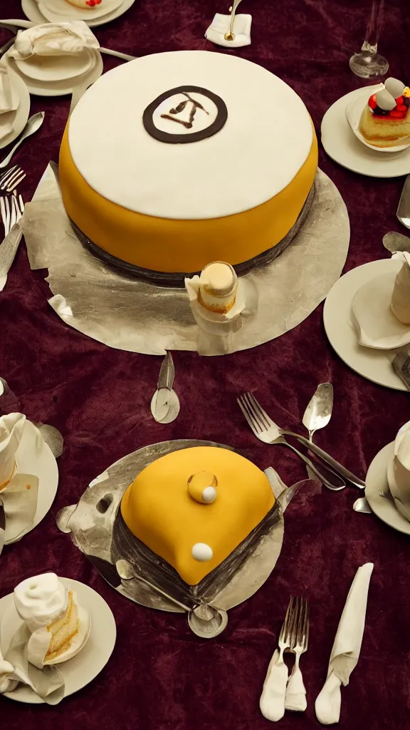 Image similar to a cake in the shape of a nuclear bomb, on a velvet table cloth, soft focus