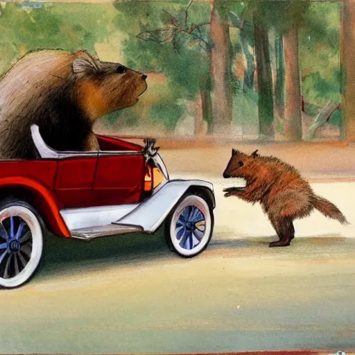 Prompt: a quokka driving a model t ford, in the style of anders zorn