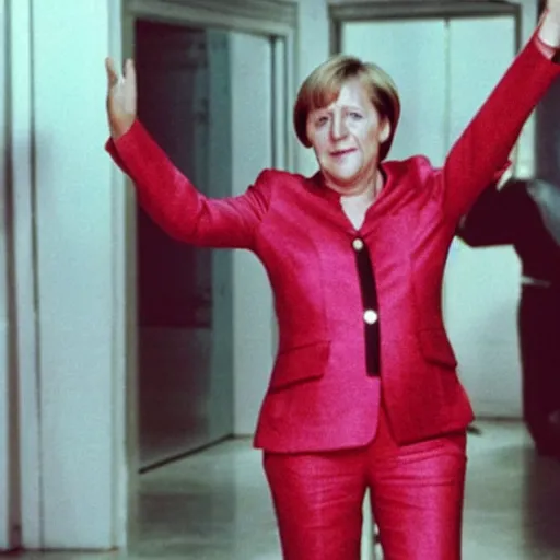 Prompt: A still of Angela Merkel wearing a disco suit in Saturday Night Fever