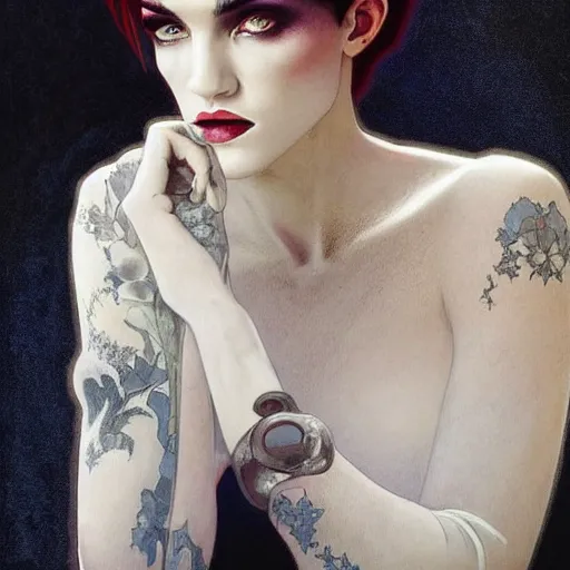 Image similar to beautiful portrait of androgynous ruby rose as desire from sandman in a white tuxedo!!!, rockabilly style,, by alphonse mucha, by jeremy mann, by peter lindbergh, dave mckean, by frank moth, white suit and black tie, soft lightning, high detailed, 8 k