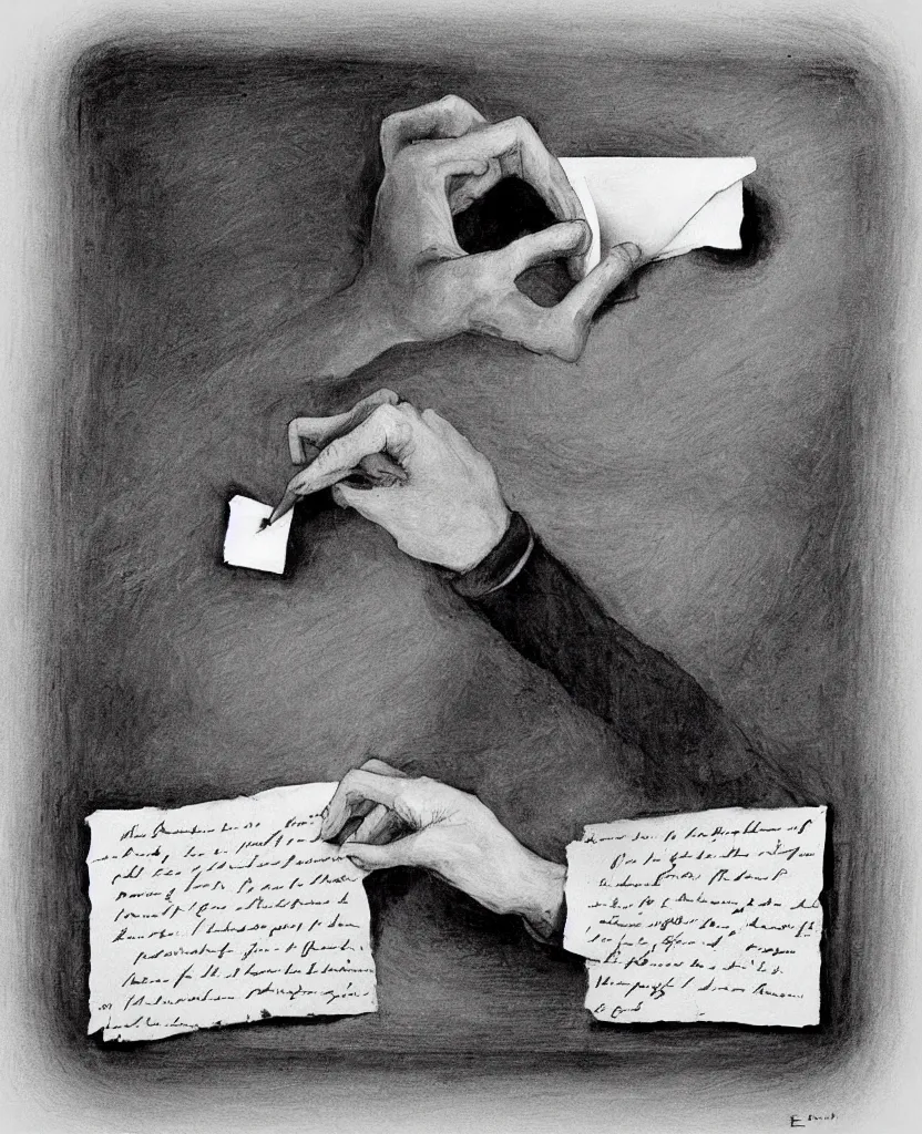 Prompt: stop motion movie frames representing a painting of a hand writing a letter, war in background, stop motion, minimal, black and white, designed by escher