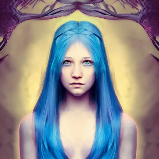 Image similar to The dragon girl portrait, portrait of young girl half dragon half human, dragon girl, dragon skin, dragon eyes, dragon crown, blue hair, long hair, highly detailed, cinematic lighting, Matte painting by David Lynch