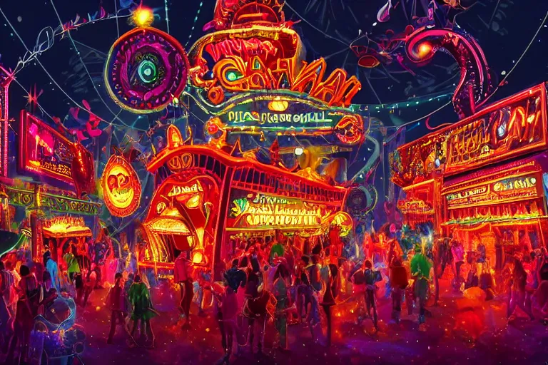 Prompt: a night carnival in a dreamworld, night, dark background, glowing lights, beautiful lighting, highly detailed digital art, trending in behance.