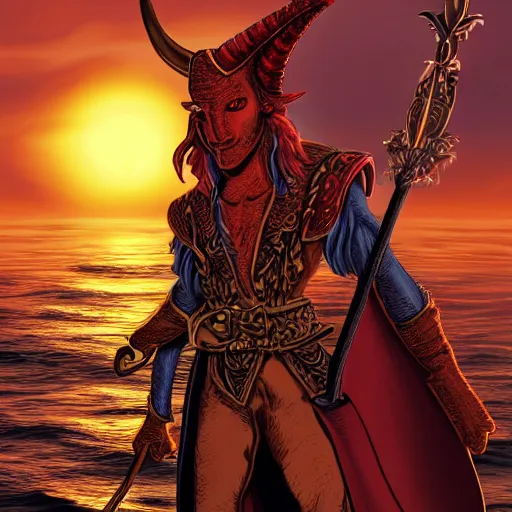 Image similar to a red skinned horned male tiefling, dungeons and dragons, wearing a pirate coat with shiny gold buckles and a rapier on his hip, standing at the prow of his ship looking out over the water, uhd, high detail, sunset lighting