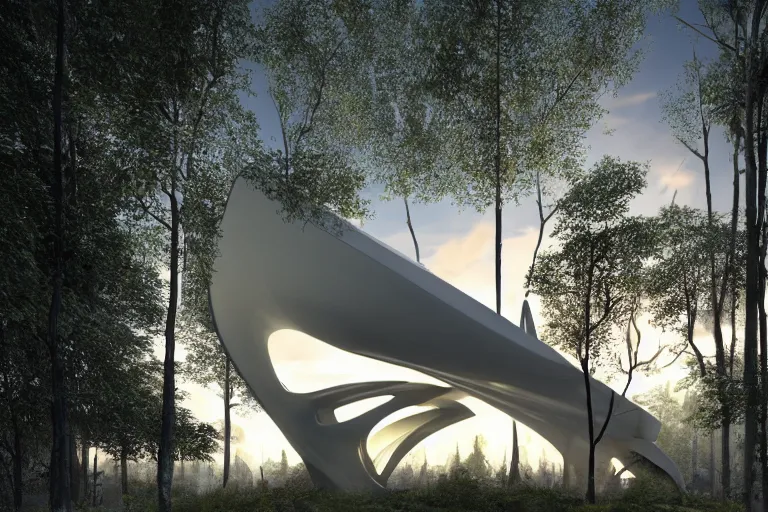 Prompt: extremely detailed sculpture designed by Zaha Hadid in a forest, stunning volumetric light, sunset, metal, concrete and translucent material, stunning skies, trending on Artstation, 8k, photorealistic, hyper detailed, unreal engine 5, IMAX quality, cinematic, epic lighting, in the style of Greg Rutkowski