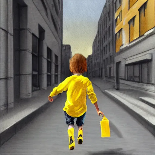 Image similar to kid with yellow boots running down the street, concept art, painting, highly detailed