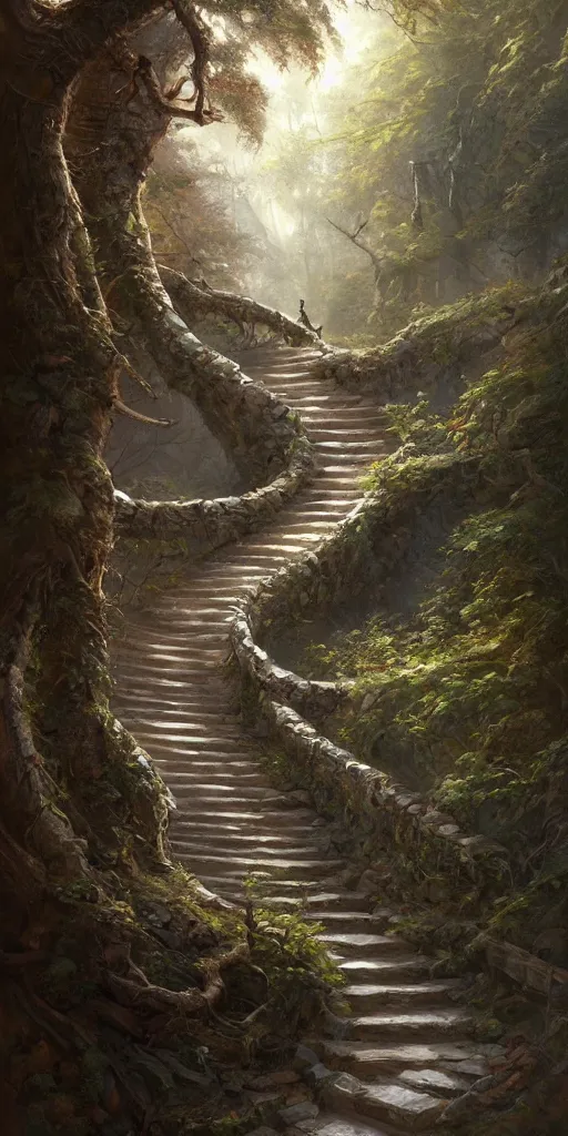 Image similar to a man walking up a steep and winding staircase, in beautiful woods, intricate, elegant, highly detailed, oil painting, artstation, concept art, sharp focus, beautiful illustration, society, by justin gerard and artgerm, 4 k