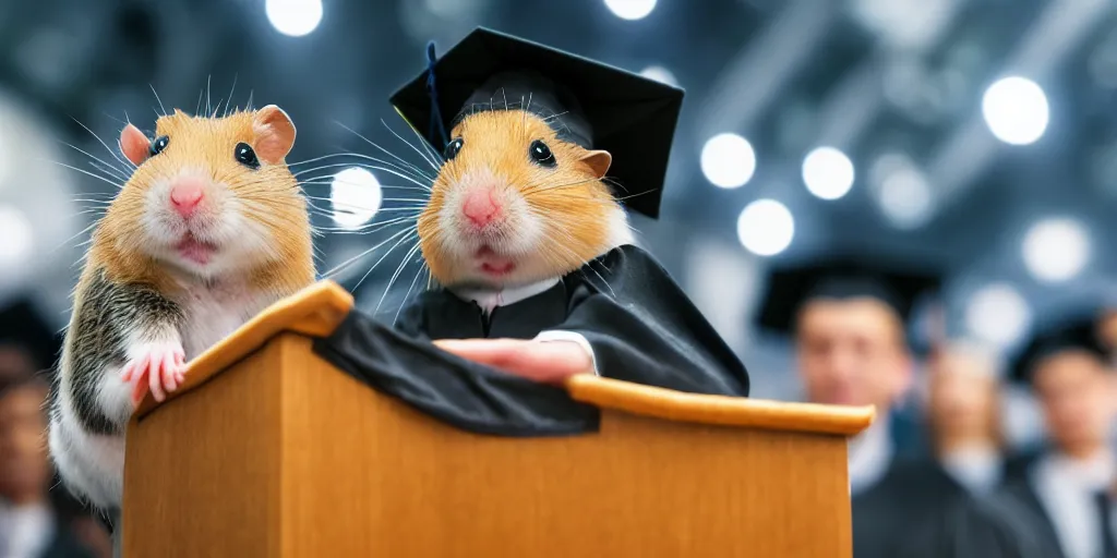 Image similar to An award-winning photo of a hamster in a graduate hat doing a speech from a speech tribune in front of other hamsters in the academy, volumetric lights, university, dirt, dramatic, cinematic, 8K, award winning photo