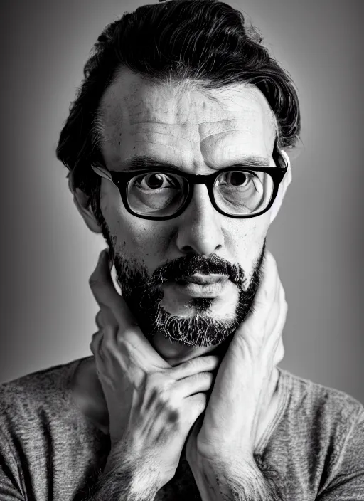 Prompt: black and white close - up portrait shot, studio photograph of a male symmetrical handsome andrea belluci the painter artist, casual clothes, wearing glasses, anxiety and depression, intricate, elegant, highly detailed, hyper realistic, dark background, flickr, smooth, 4 k, 3 0 0 dpi, sharp focus, shot by canon