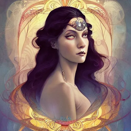 Prompt: an art nouveau, ( art deco ), multi - racial portrait in the style of anna dittmann and charlie bowater and chanthara. very large, clear, expressive, and intelligent eyes. centered, ultrasharp focus, dramatic lighting, photorealistic digital matte painting, intricate symmetrical ultra detailed background.