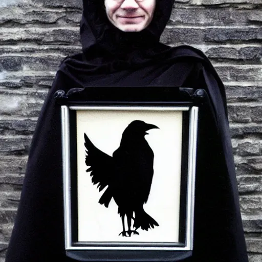 Image similar to portrait of a raven in a vantablack cloak and holding a symbolic weapon. portrait hung up in a windows 9 8 castle. r / oldschoolfantasy