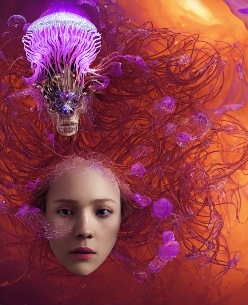 Prompt: close-up portrait of the face of a beautiful princess in a twisted flowers orchid jellyfish mask surrounded by energy flow, epic angle and pose, symmetrical artwork, 3d with depth of field, blurred background, floating jellyfish skull phoenix bird, translucent, nautilus, energy flows of water and fire. a highly detailed epic cinematic concept art CG render. made in Maya, Blender and Photoshop, octane render, excellent composition, cinematic dystopian brutalist atmosphere, dynamic dramatic cinematic lighting, aesthetic, very inspirational, arthouse. y Greg Rutkowski, Ilya Kuvshinov, WLOP, Stanley Artgerm Lau, Ruan Jia and Fenghua Zhong