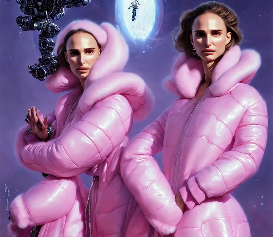 Prompt: beautiful fantasy character portrait, natalie portman, wearing pink puffy bomber jacket with white fur, seductive reclining pose, futuristic chrome drones, terminator robots, ultra realistic, dramatic lighting, the fifth element artifacts, highly detailed by peter mohrbacher, hajime sorayama, wayne barlowe, boris vallejo, aaron horkey, gaston bussiere, craig mullins